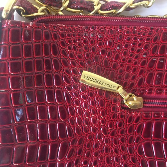 Purse Vecceli Italy Crocodile Print Handbag Gold Chain Handle Faux Burgundy Red - Picture 7 of 11